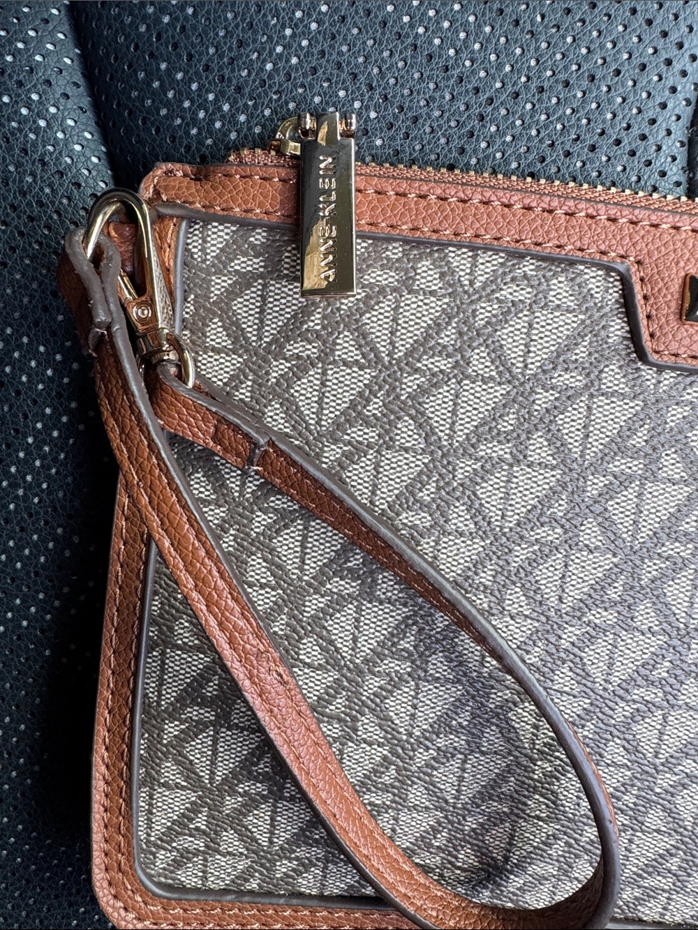 Anne Klein Brown Logo Print Wristlet Clutch with Tan Trim - Picture 4 of 6